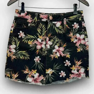 NOBO Women's Floral Denim Skirt 9 Mini Black Pink Tropical Raw Hem 5 Pocket Zip